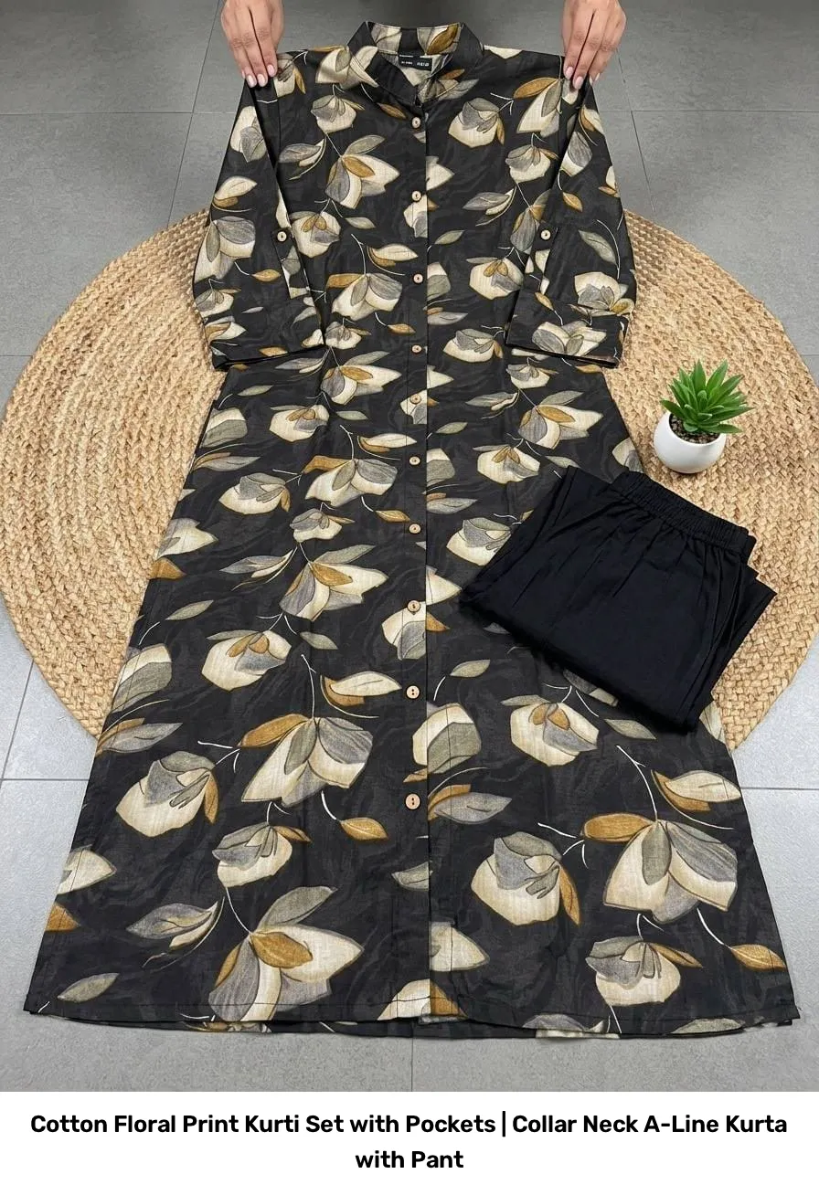 Cotton Floral Print Kurti Set with Pockets | Collar Neck A-Line Kurta with Pant 8