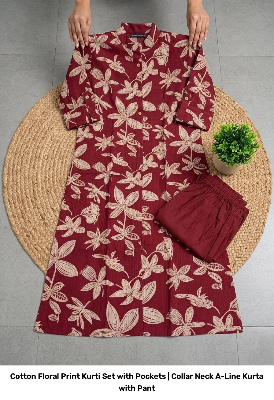 Cotton Floral Print Kurti Set with Pockets | Collar Neck A-Line Kurta with Pant 9