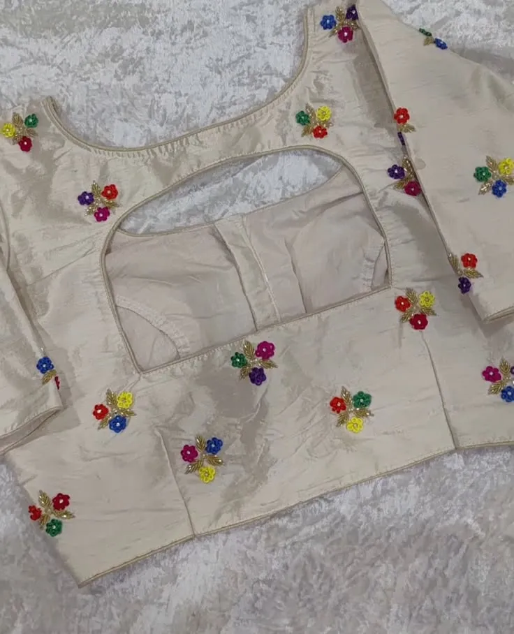 Cream Readymade Saree Blouse with Colorful Floral Handwork & Designer Cutout Back