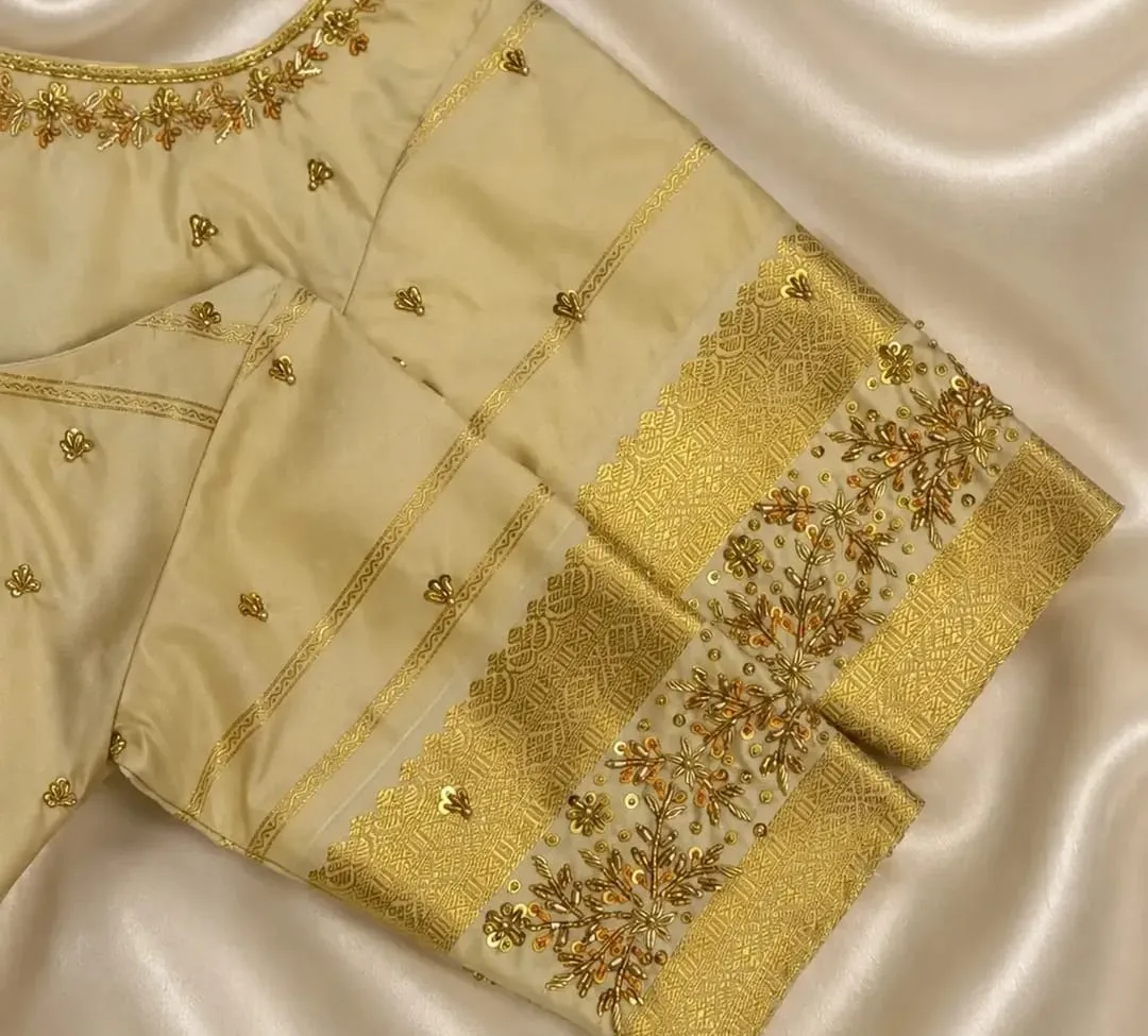 Cream Tissue Silk Saree Blouse | Heavy Maggam Embroidered Keyhole Back Design 1