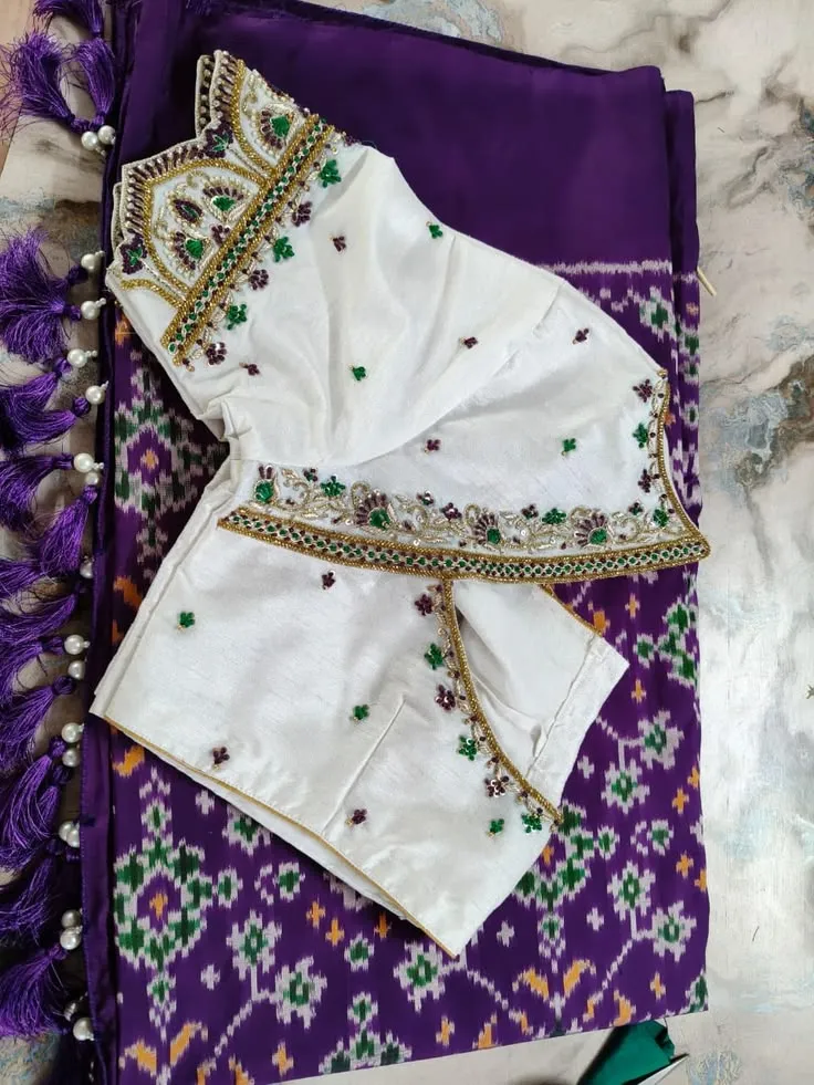 Cream White Raw Silk Saree Blouse | Green & Purple Stone Maggam Border Designer Blouse