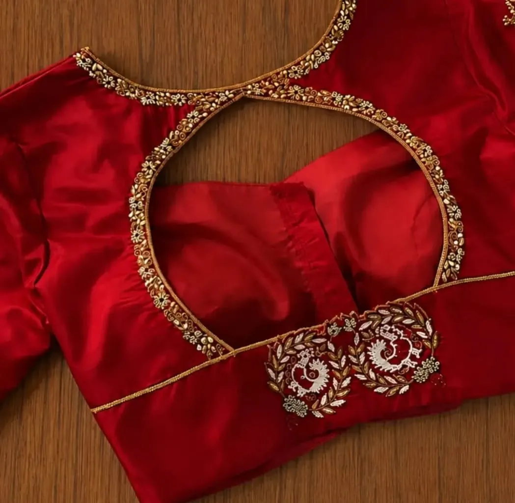 Crimson Red Aari Work Blouse with Oval Back Cutout & Twin Peacock Sleeves | Bridal Wedding Blouse