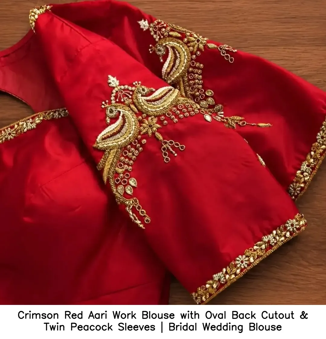 Crimson Red Aari Work Blouse with Oval Back Cutout & Twin Peacock Sleeves | Bridal Wedding Blouse 2
