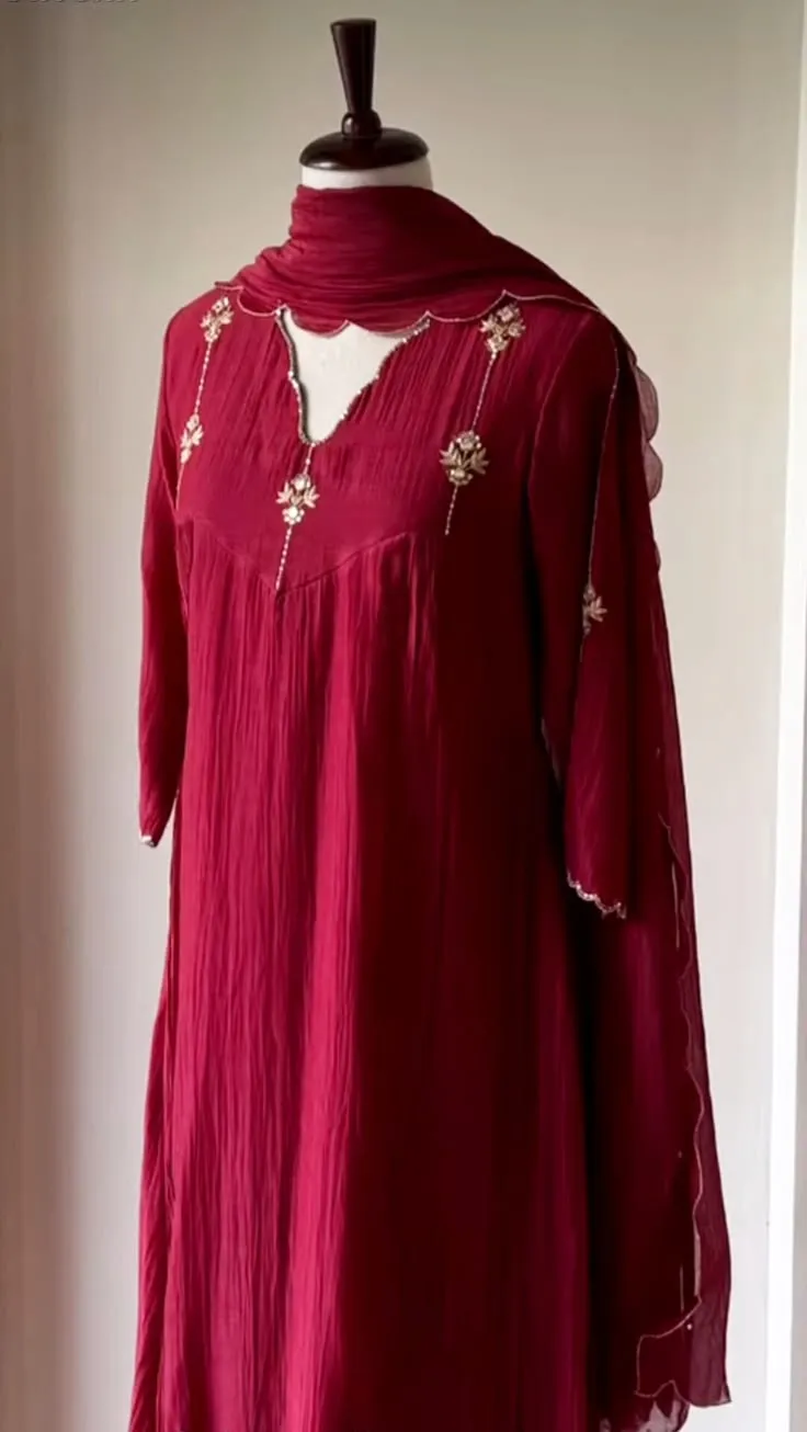 Crimson Red Crushed Silk Anarkali Suit with Scallop Dupatta 1