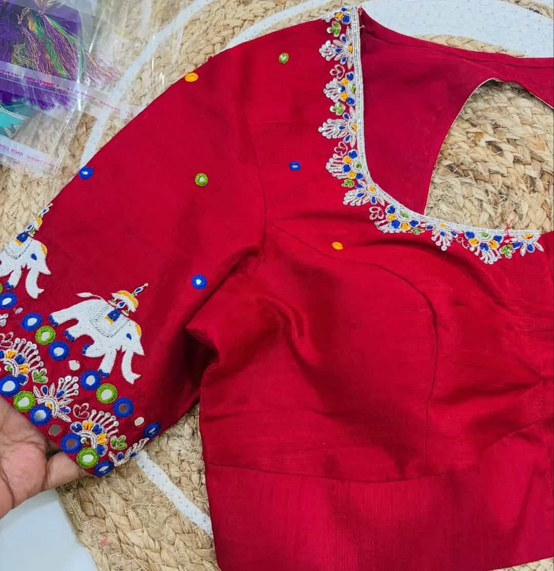 Crimson Red Elephant Motif Maggam Work Blouse | Multi-Color Kutchi Mirror Work Silk Blouse 1