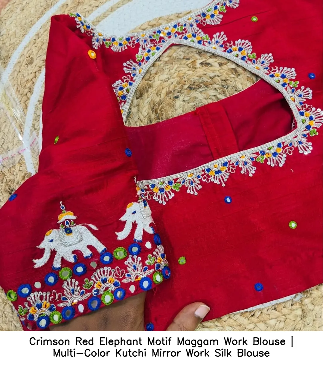 Crimson Red Elephant Motif Maggam Work Blouse | Multi-Color Kutchi Mirror Work Silk Blouse 2