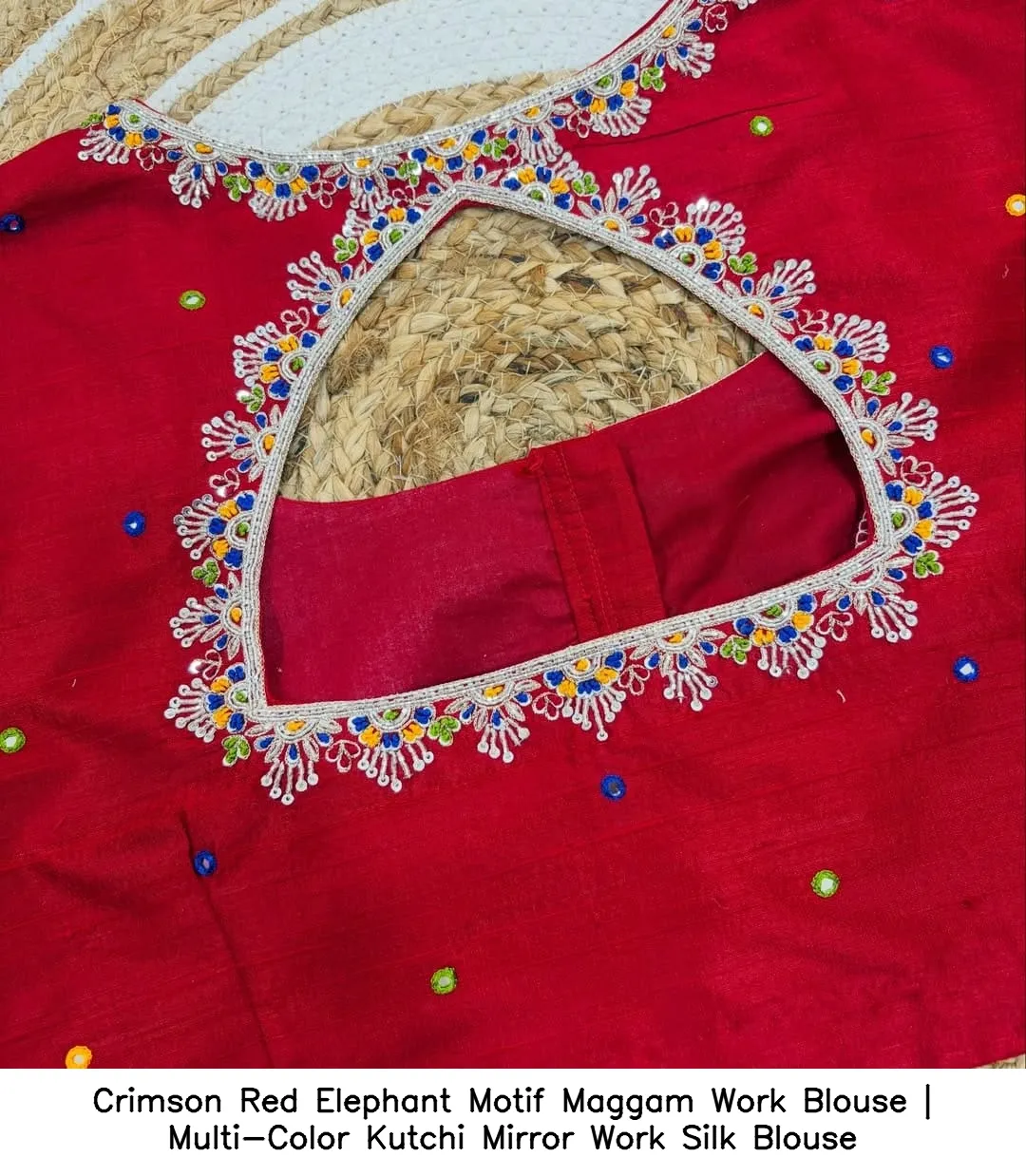 Crimson Red Elephant Motif Maggam Work Blouse | Multi-Color Kutchi Mirror Work Silk Blouse 3