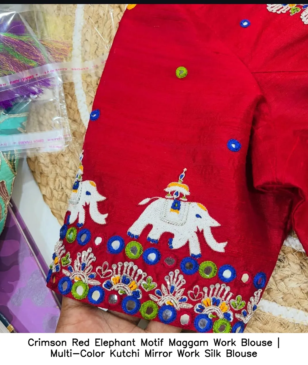 Crimson Red Elephant Motif Maggam Work Blouse | Multi-Color Kutchi Mirror Work Silk Blouse 4
