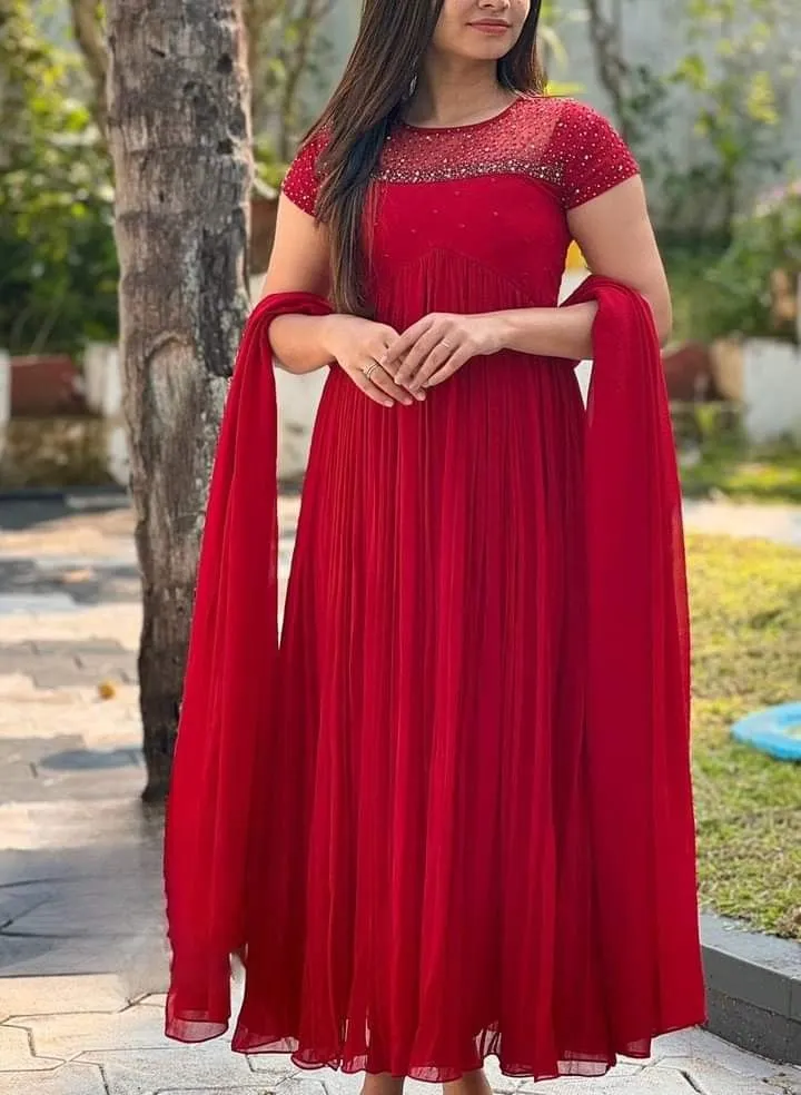 Crimson Red Georgette Anarkali Suit with Embellished Net Yoke & Dupatta | Designer Festive Dress