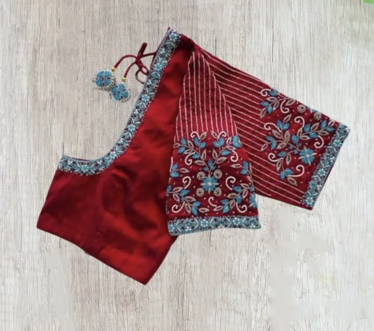 Crimson Red Hand Embroidered Silk Blouse | Floral Maggam Work with Tassel Latkan