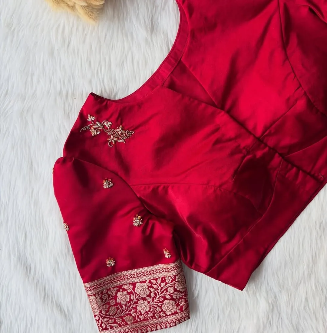 Crimson Red Raw Silk Blouse | Designer Hand Embroidered Shoulder Motif & Banarasi Border