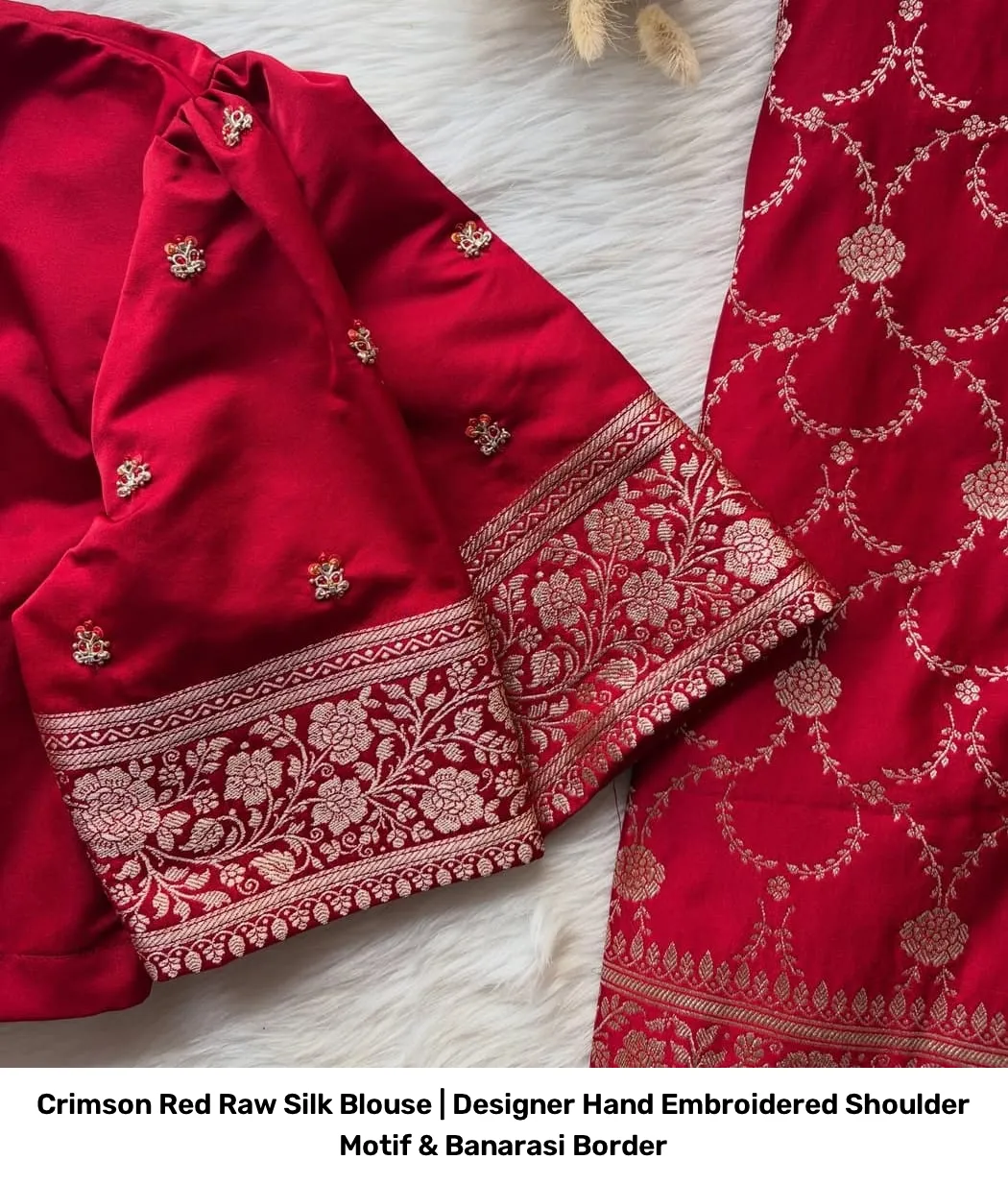 Crimson Red Raw Silk Blouse | Designer Hand Embroidered Shoulder Motif & Banarasi Border 2