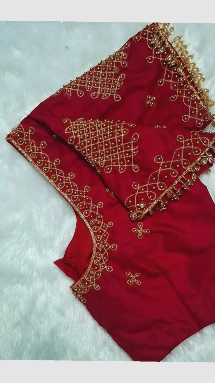 Crimson Red Raw Silk Maggam Work Blouse | Geometric Jaal Beadwork Aari Embroidery Bridal Saree Blouse with Tassel Fringe