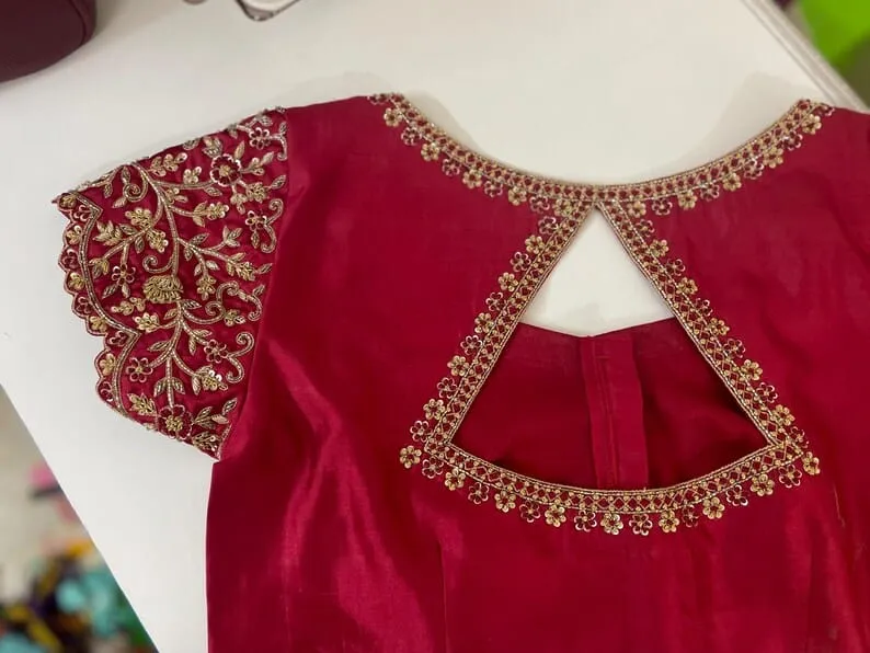 Crimson Red Raw Silk Readymade Blouse | Heavy Floral Maggam Sleeve & Keyhole Back Saree Blouse 1