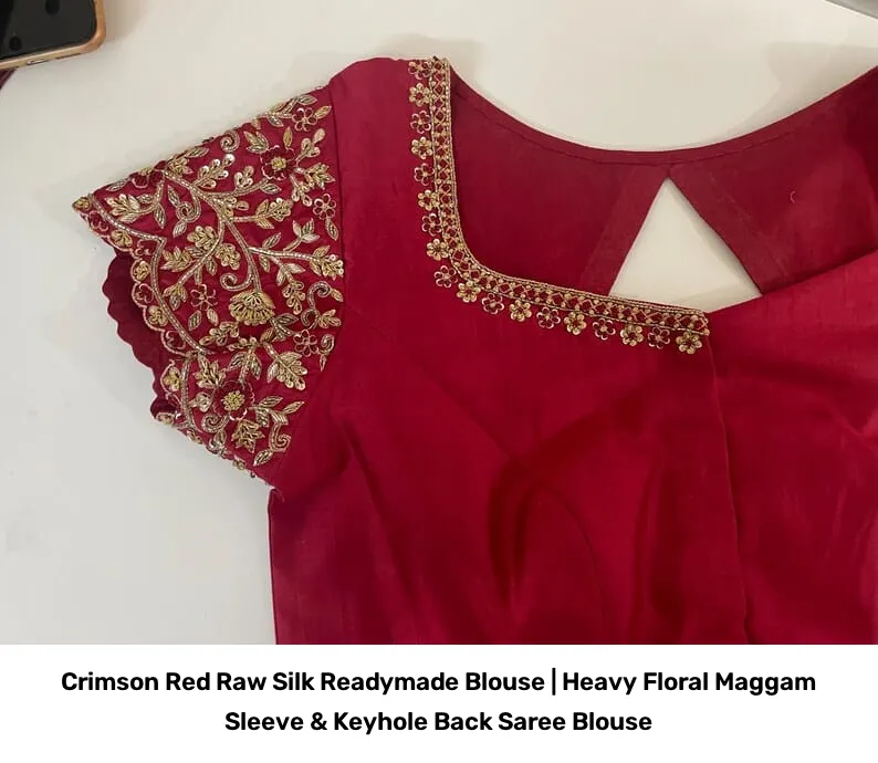 Crimson Red Raw Silk Readymade Blouse | Heavy Floral Maggam Sleeve & Keyhole Back Saree Blouse 2