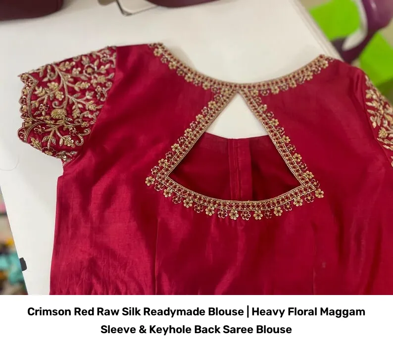 Crimson Red Raw Silk Readymade Blouse | Heavy Floral Maggam Sleeve & Keyhole Back Saree Blouse 3