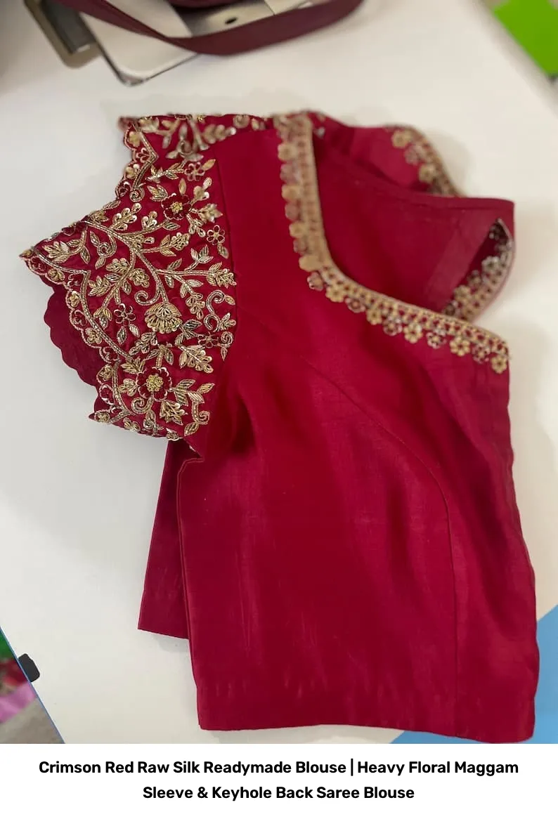 Crimson Red Raw Silk Readymade Blouse | Heavy Floral Maggam Sleeve & Keyhole Back Saree Blouse 5
