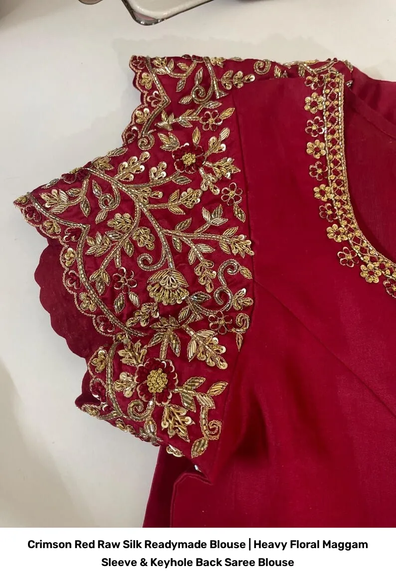 Crimson Red Raw Silk Readymade Blouse | Heavy Floral Maggam Sleeve & Keyhole Back Saree Blouse 6