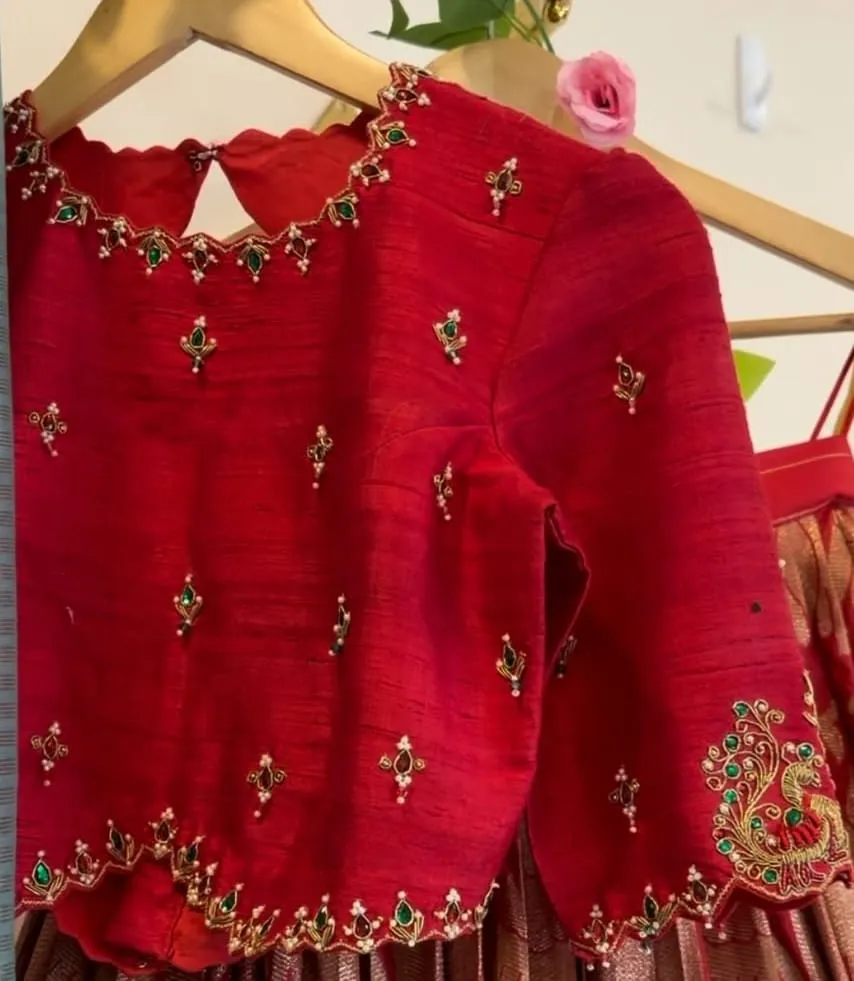 Crimson Red Raw Silk Saree Blouse with Maggam Peacock Embroidery & Scallop Cutwork Border 1