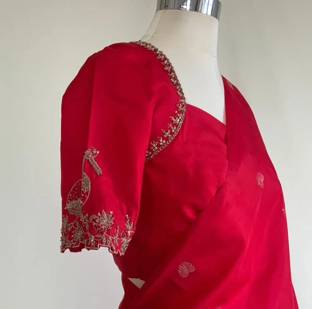 Crimson Red Silk Bridal Blouse | Peacock Sleeve Motif & Asymmetric Floral Maggam Work Saree Blouse