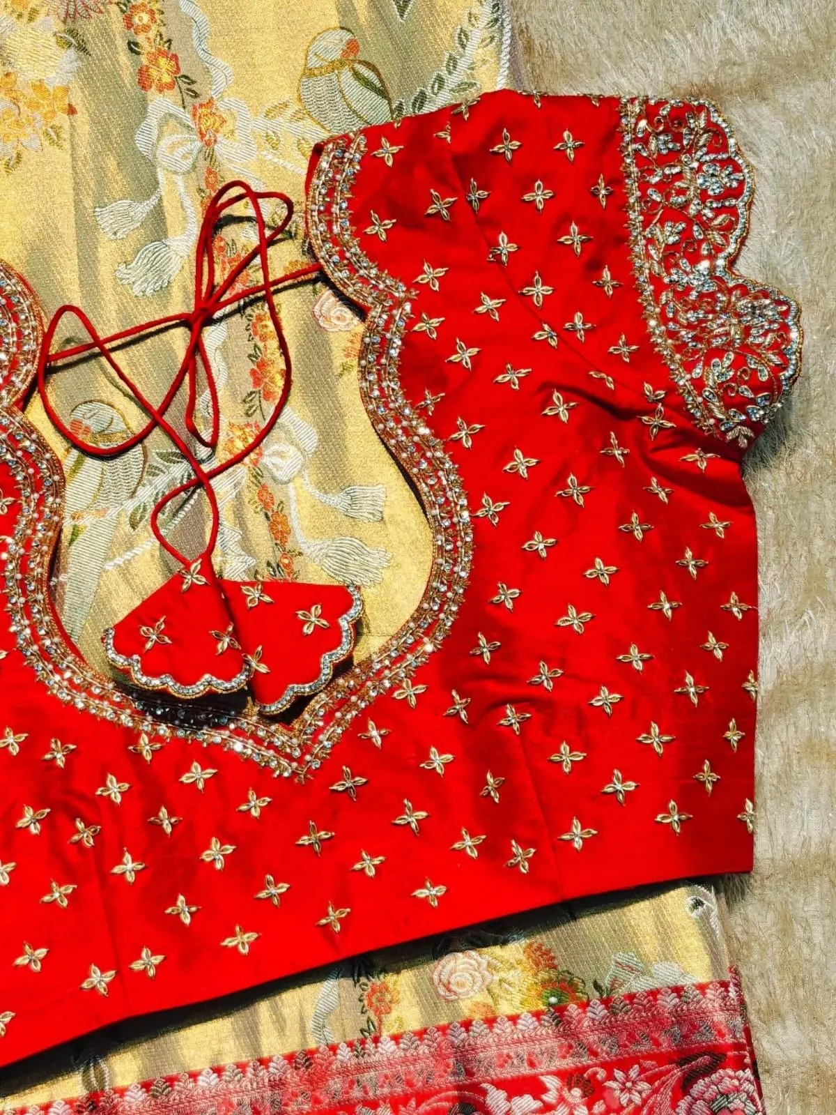 Crimson Red Silk Bridal Maggam Blouse | Handcrafted Zircon Crystal Sleeves & Floral Buti Scallop Border Choli 1