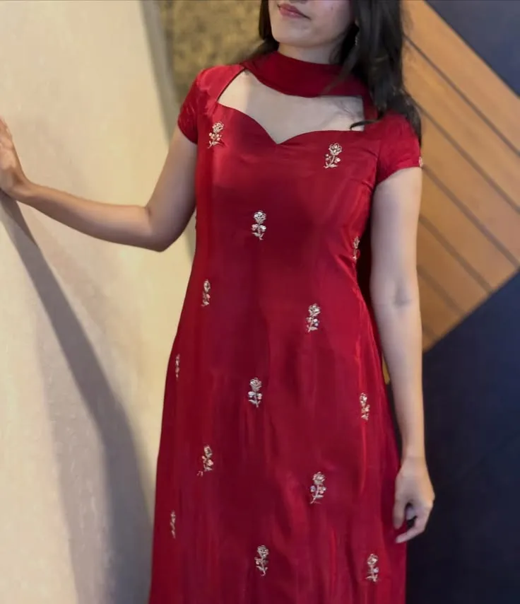 Crimson Red Sweetheart Neck Kurti | Hand Embroidered Floral Booti Silk Dress