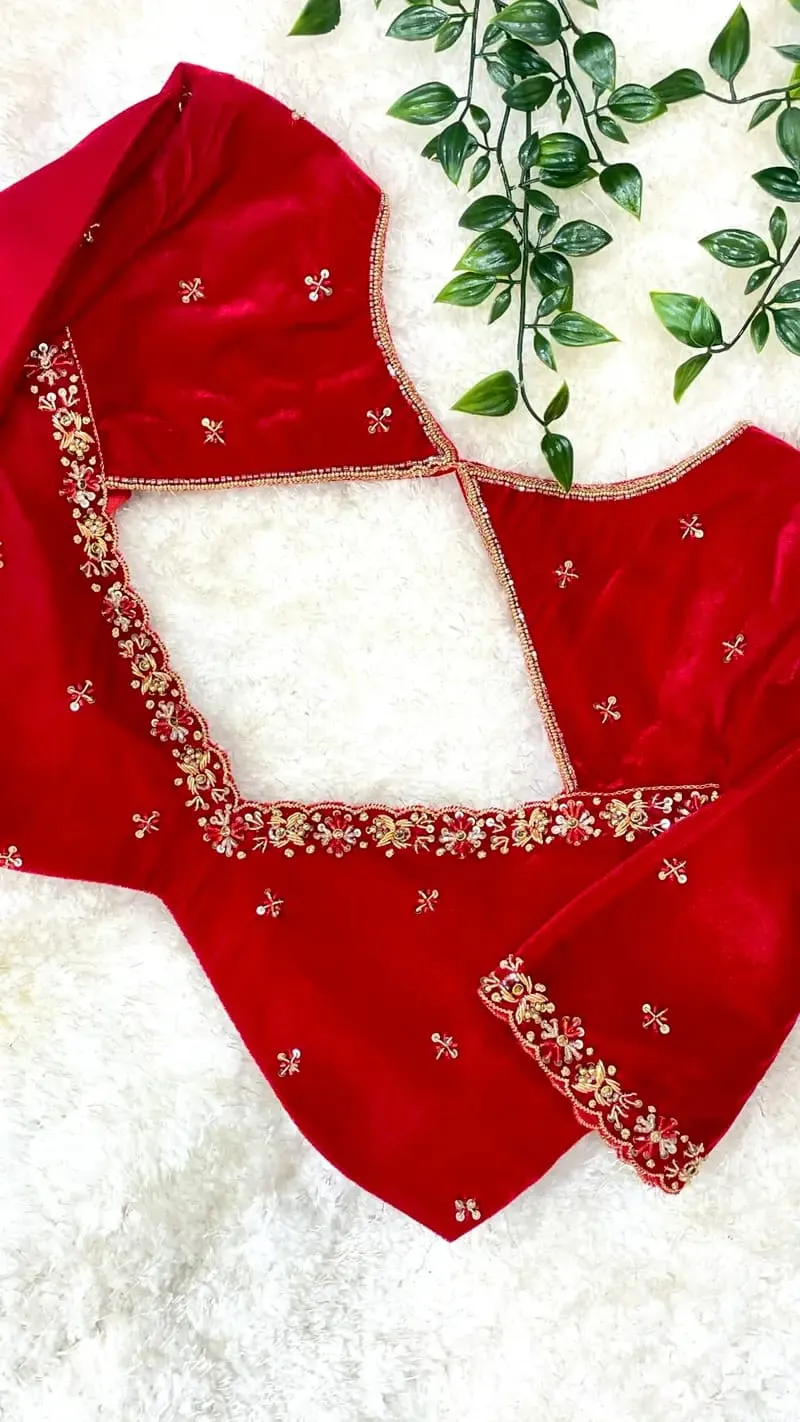 Crimson Red Velvet Maggam Work Blouse | Handcrafted Zardosi Cut-Out Back & Scallop Border Saree Blouse
