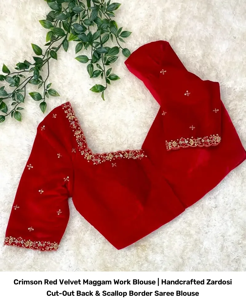 Crimson Red Velvet Maggam Work Blouse | Handcrafted Zardosi Cut-Out Back & Scallop Border Saree Blouse 2