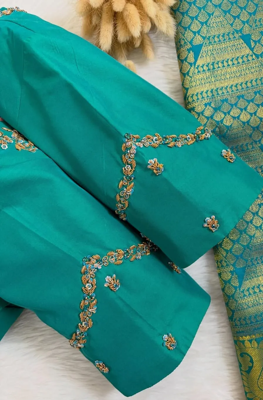 Custom Bridal Maggam Work Saree Blouse with Illusion Net Back & V-Cut Embroidered Sleeves