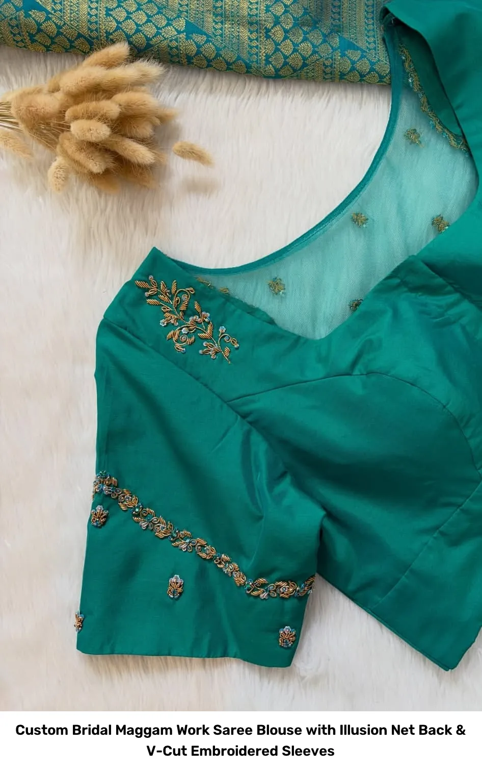 Custom Bridal Maggam Work Saree Blouse with Illusion Net Back & V-Cut Embroidered Sleeves 2