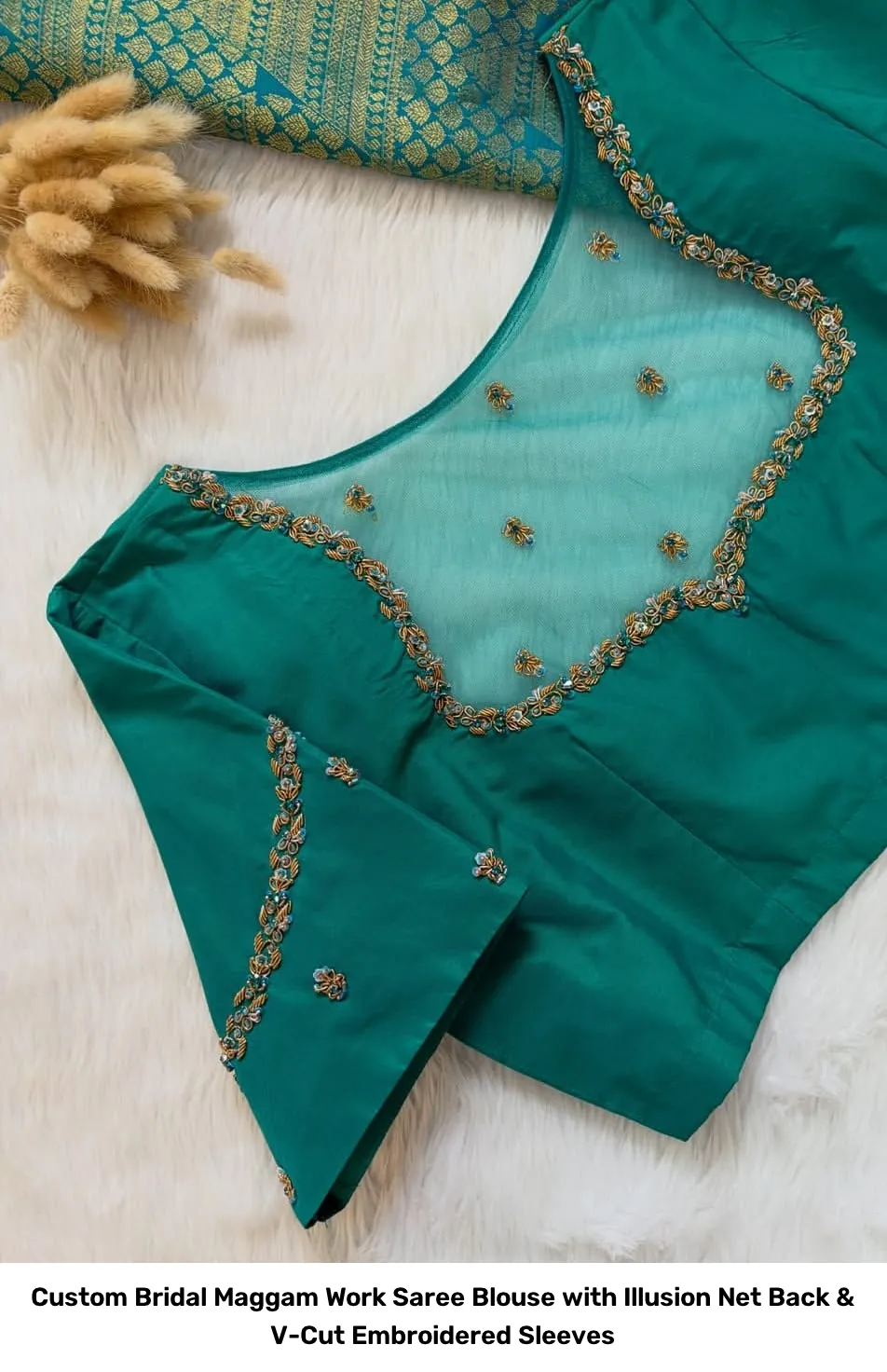Custom Bridal Maggam Work Saree Blouse with Illusion Net Back & V-Cut Embroidered Sleeves 3