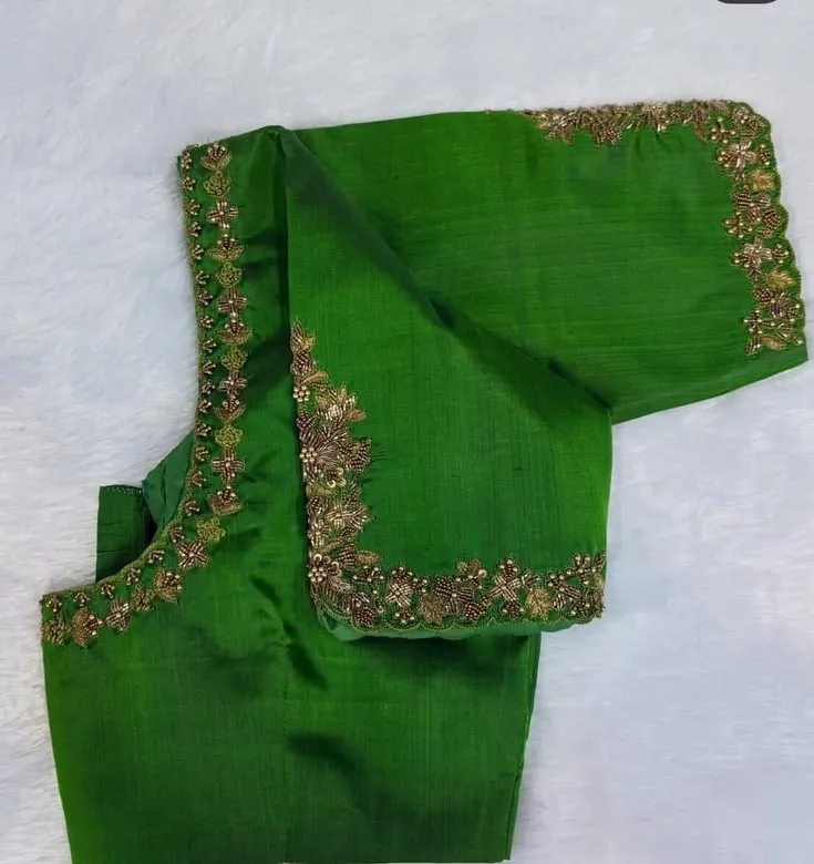 Custom Stitched Bottle Green Silk Blouse | Hand Embroidered Scalloped Border Maggam Blouse | Festive Bridal Saree Blouse