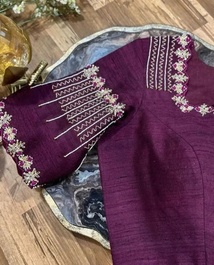 Custom Stitched Wine Purple Silk Blouse | Hand Embroidered Chevron & Floral Border Blouse | Elegant Festive Saree Blouse