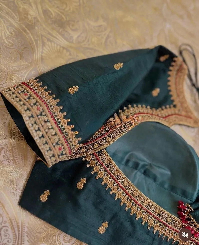Dark Bottle Green Silk Bridal Blouse | Handcrafted Antique Gold Zardozi Border & Pink Beadwork Saree Blouse
