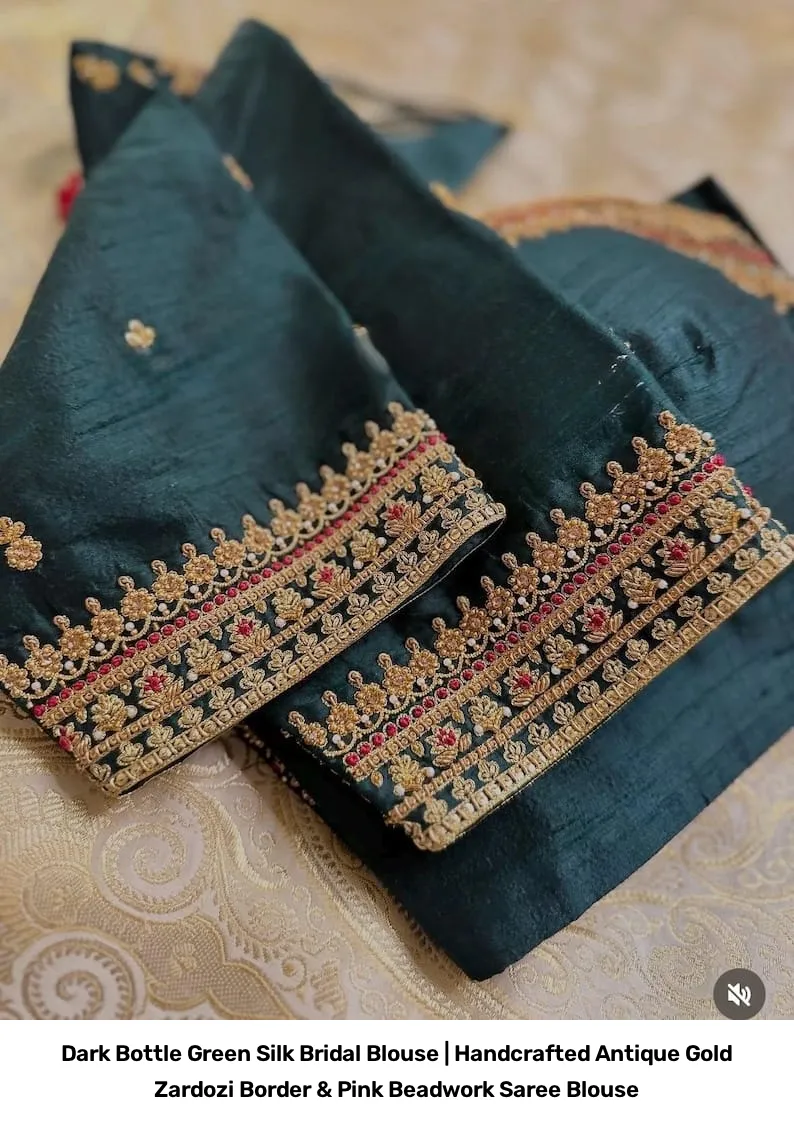 Dark Bottle Green Silk Bridal Blouse | Handcrafted Antique Gold Zardozi Border & Pink Beadwork Saree Blouse 4