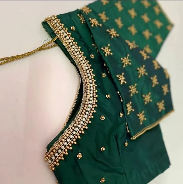 Dark Green Hand Embroidered Bridal Blouse – Heavy Pearl Bead Neckline & Star Jaal Sleeve Designer Silk Saree Blouse