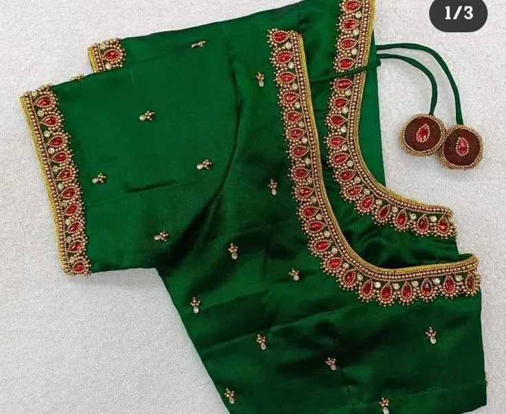 Dark Green Raw Silk Bridal Maggam Blouse | Handcrafted Red Kundan Border Neck & Sleeve Designer Choli 1