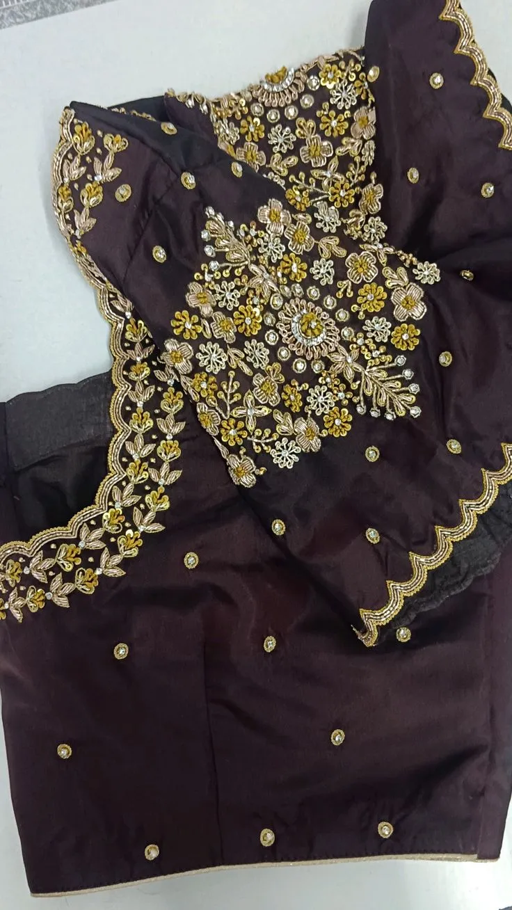 Dark Wine Aari Work Blouse with Scallop Cutwork Border | Designer Maggam Work Silk Blouse