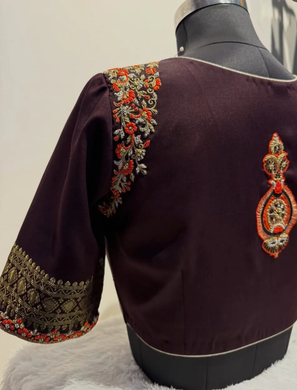Dark Wine Silk Saree Blouse | Contrast Orange Floral Maggam Embroidery & Zari Border Elbow Sleeves