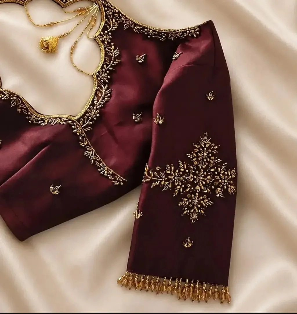 Dark Wine Silk Saree Blouse | Gold Bead Fringe Sleeves & Cutout Back Jhumka Pendant Blouse