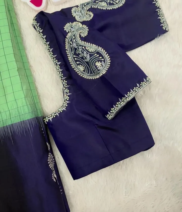 Deep Blue Raw Silk Saree Blouse – Handcrafted Silver Zari Paisley Sleeve Embroidery & Deep Back Border Design