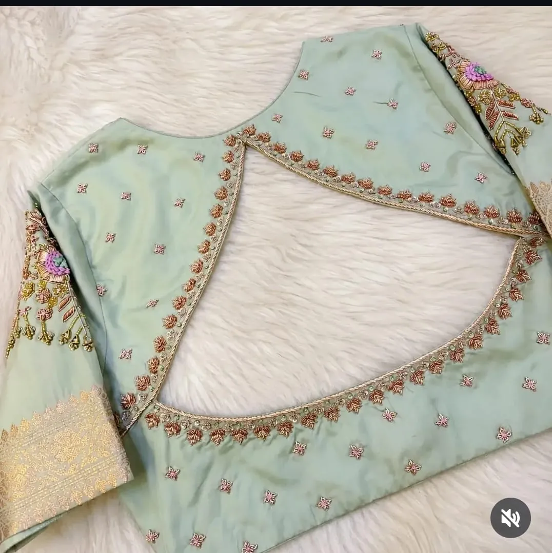Deep Cut Back Aari Work Pista Green Silk Blouse – Zardozi Floral Maggam Embroidered Saree Blouse 1