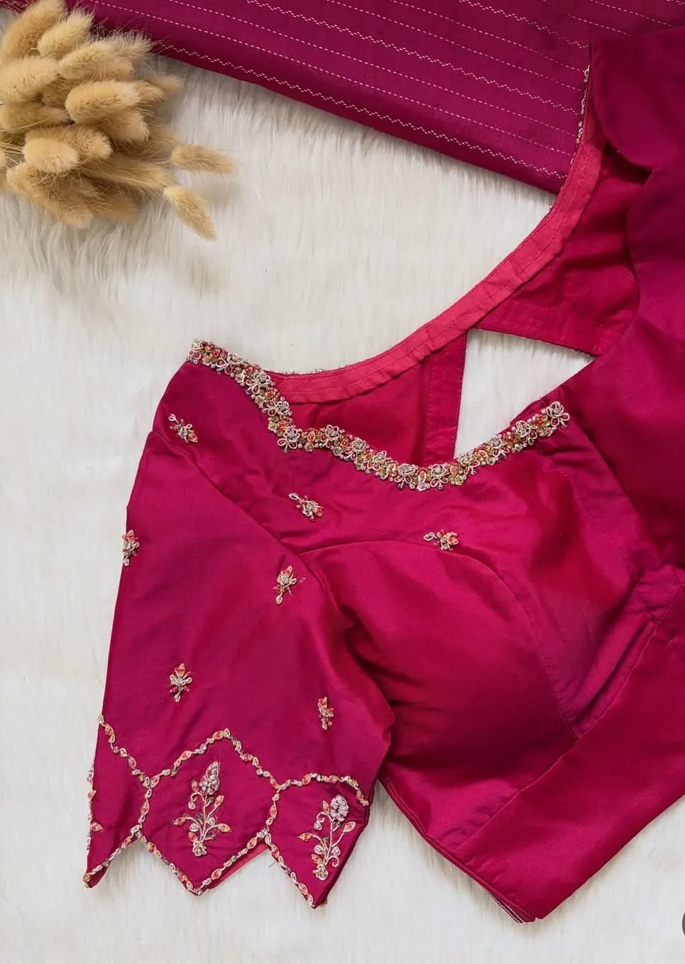 Deep Magenta Raw Silk Designer Blouse | Delicate Hand Embroidered Scallop Sleeve & Cutwork Back Saree Choli 1