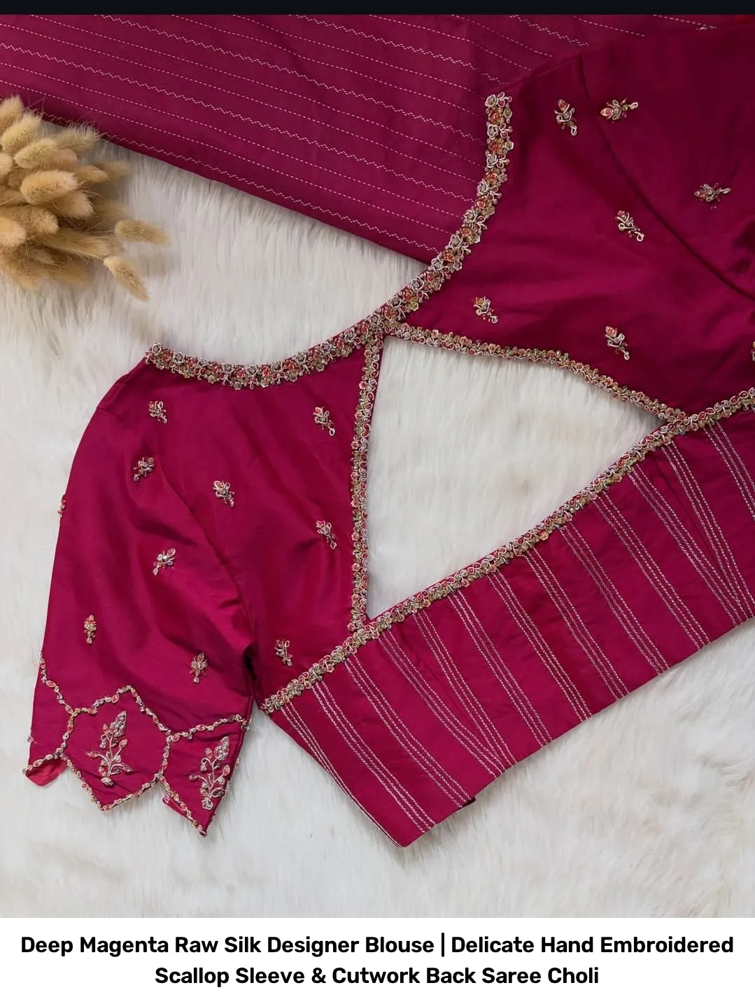 Deep Magenta Raw Silk Designer Blouse | Delicate Hand Embroidered Scallop Sleeve & Cutwork Back Saree Choli 2