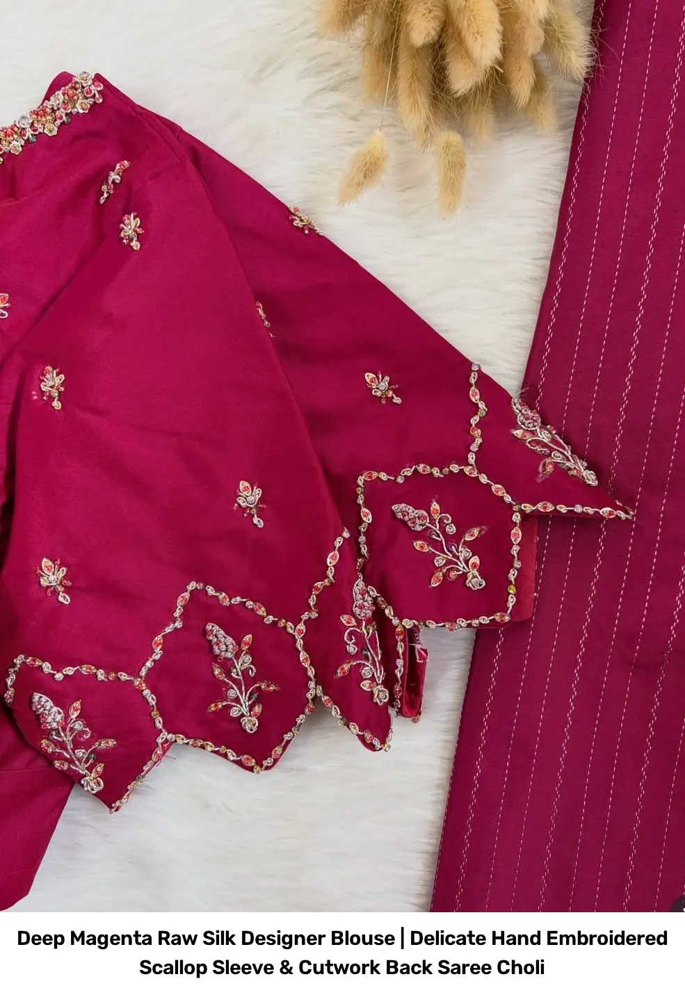 Deep Magenta Raw Silk Designer Blouse | Delicate Hand Embroidered Scallop Sleeve & Cutwork Back Saree Choli 3