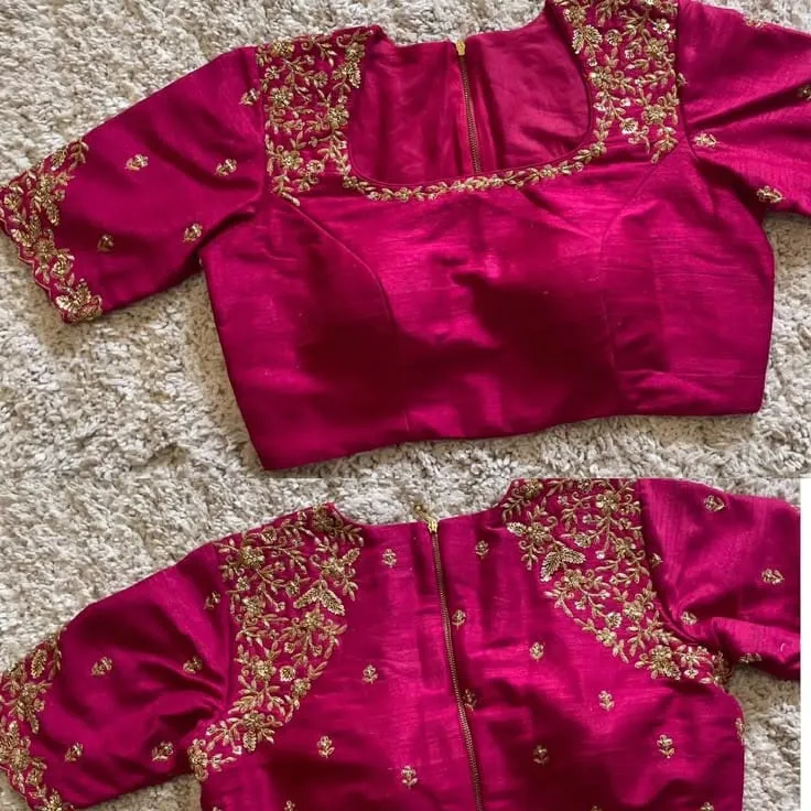 Deep Pink Raw Silk Designer Saree Blouse | Handcrafted Zardosi Foliage Neck & Sleeve Border Partywear Choli 1