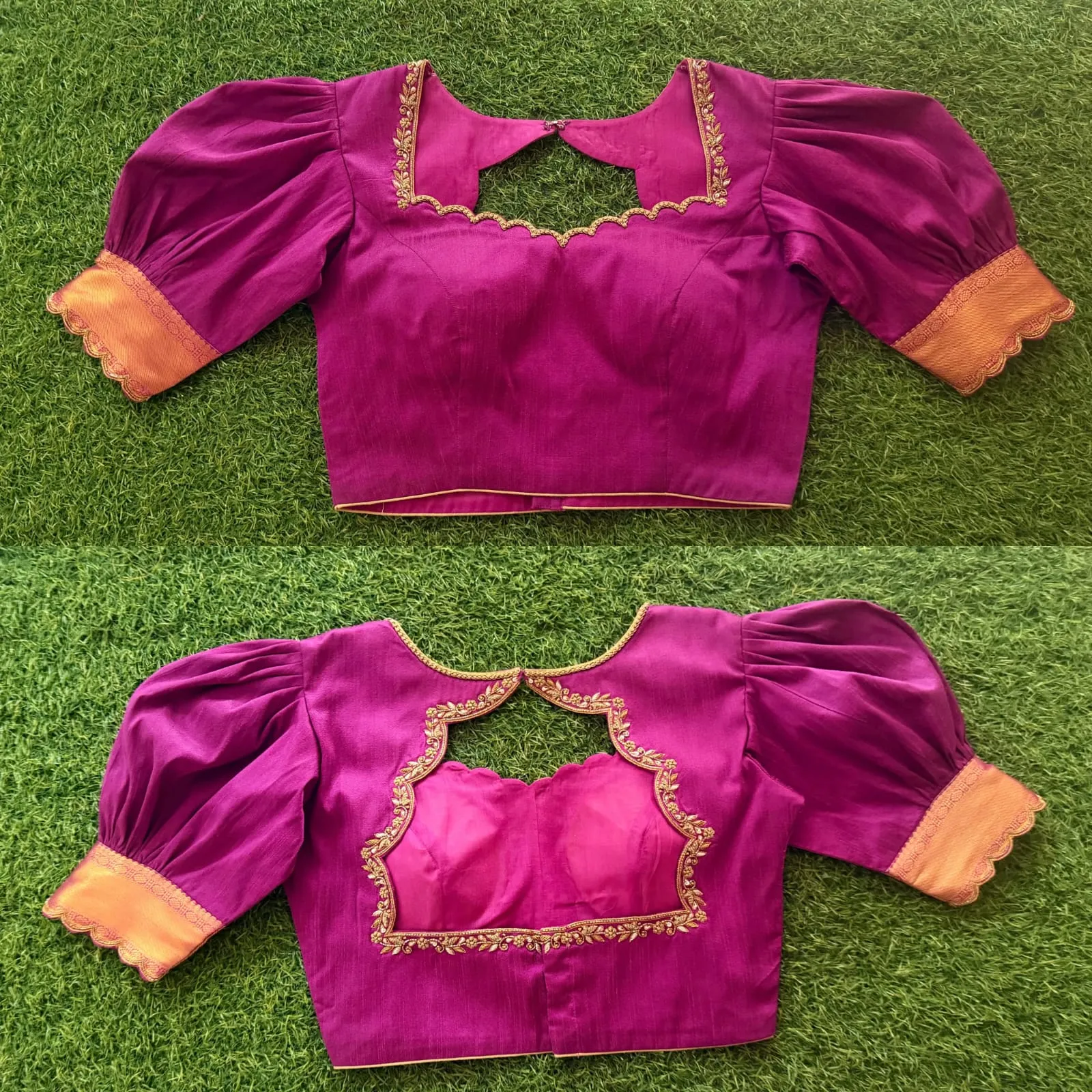 Deep Pink Silk Saree Blouse - Scalloped Neck Embroidery & Vintage Puff Sleeves 1
