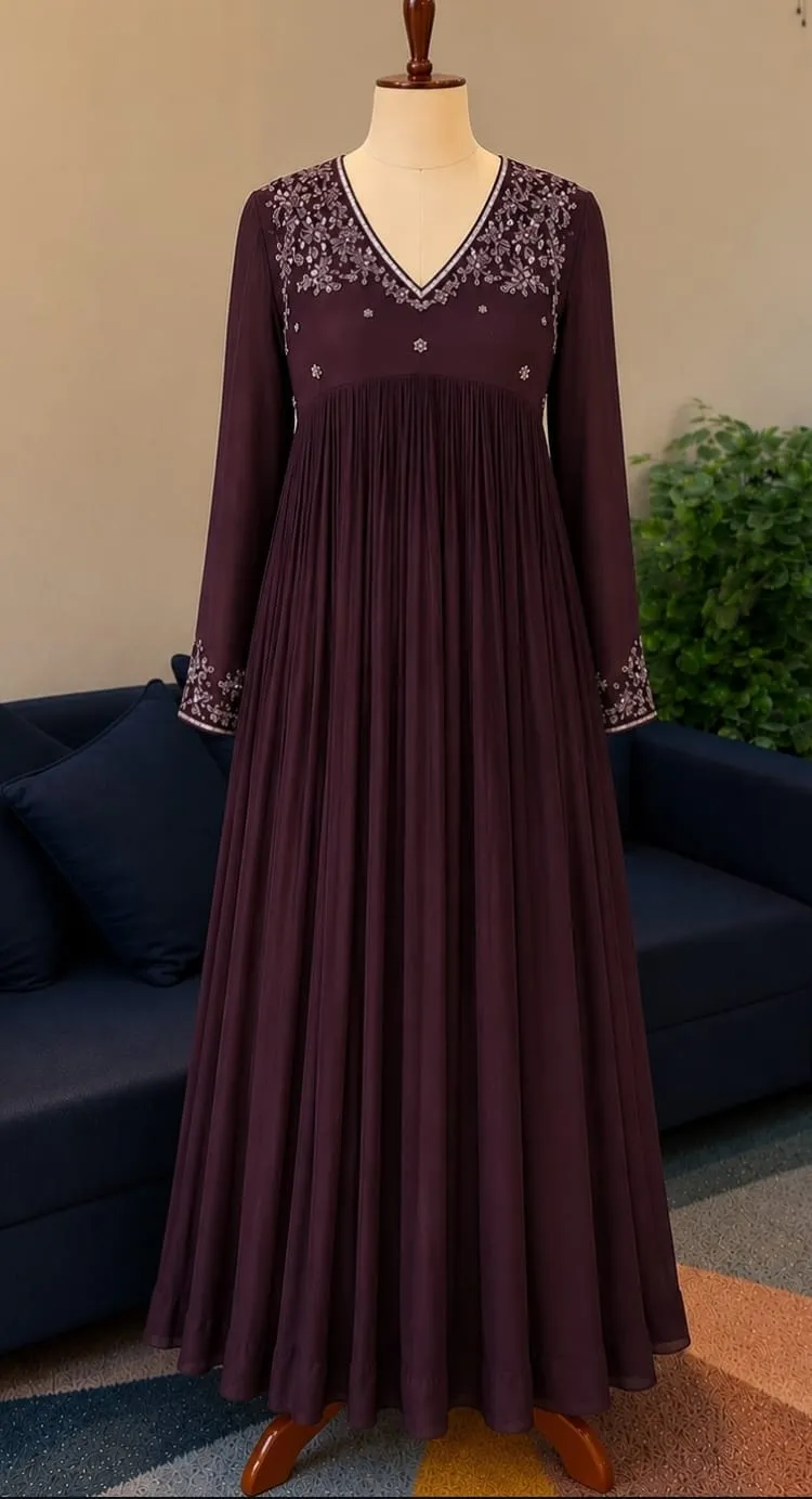 Deep Plum Hand Embroidered Georgette Anarkali Gown 1