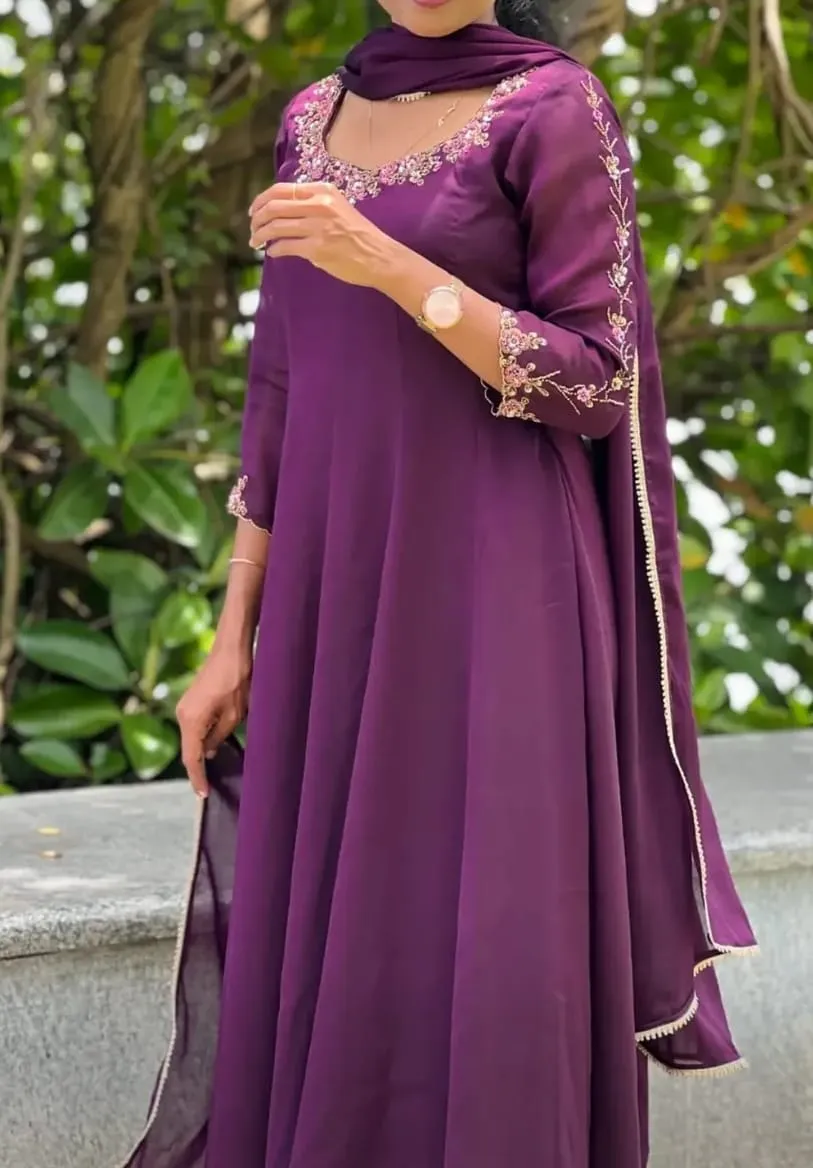 Deep Plum Purple Georgette Anarkali Suit Set with Hand Embroidered Neck & Sleeves