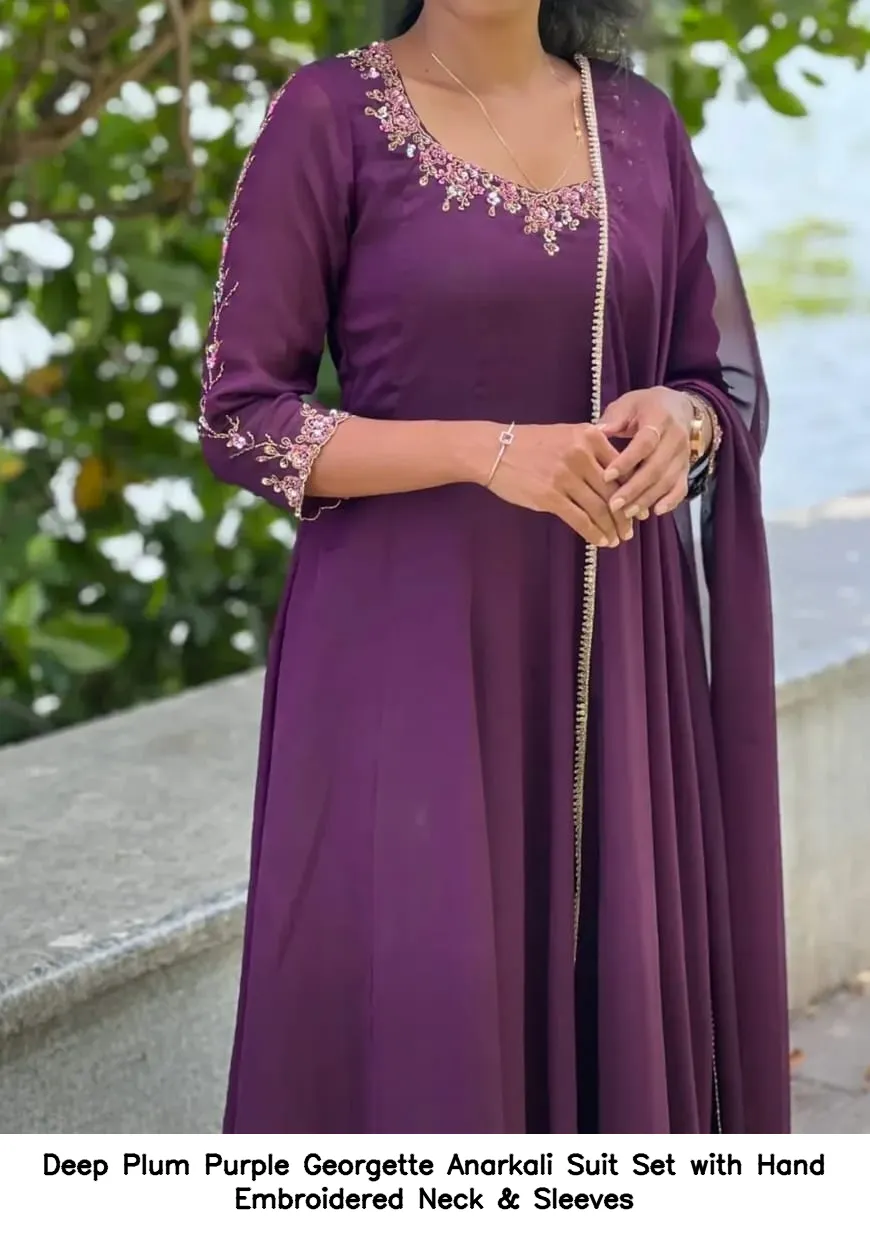 Deep Plum Purple Georgette Anarkali Suit Set with Hand Embroidered Neck & Sleeves 2